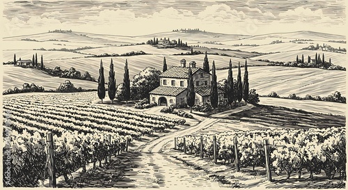 Tuscan Farmhouse Amidst Rolling Vineyards: A Vintage Ink Drawing AI Generated
