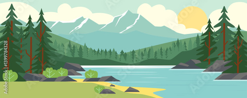 Lakes in the forest against the backdrop of beautiful mountains. Summer lake in a mountain forest. Vector illustration of a summer lake in the forest on a sunny day.
