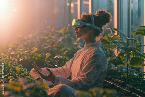Wallpaper Mural A woman wearing a VR headset meditates amidst a lush indoor garden, experiencing immersive nature. Torontodigital.ca