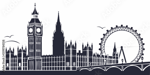 Silhouette of London Skyline with Iconic City Landmarks on White Background

