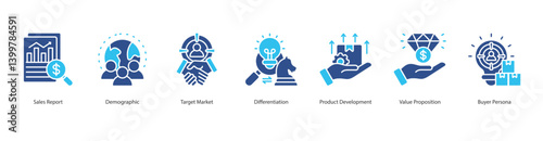 Target Market Selection icon sheet style outline vector sales report, demographic, target market, differentiation, product development, value proposition, buyer