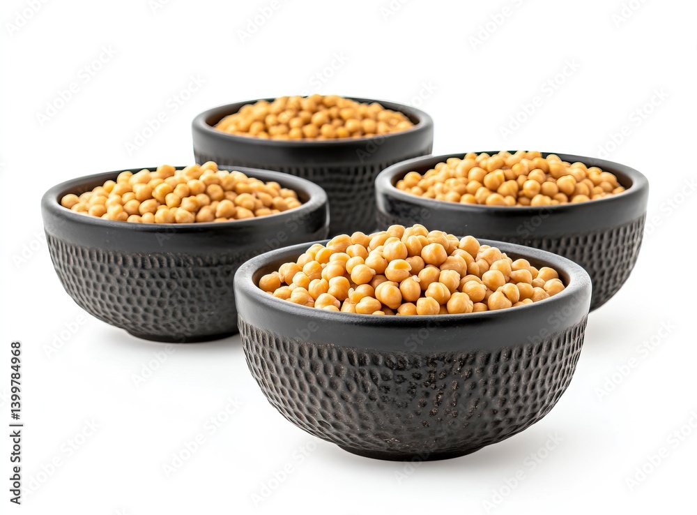 Astrological calculations on a white background, an Indian food stock photo with a clipping path, golden-colored chickpeas in small black bowls, front view. Isolated on a white background. Astrological calculations on a white background, an Indian food stock photo with a clipping path, golden-colored chickpeas in small black bowls, front view. Isolated on a white background.