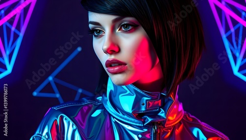 Futuristic Portrait of a Woman in Reflective Jacket with Neon Lighting