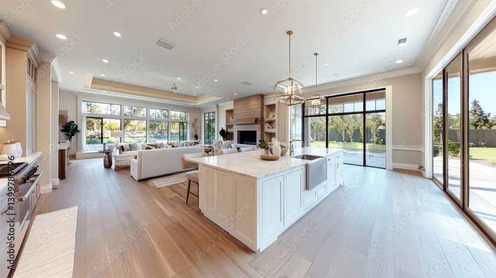 Fototapeta premium Open-concept kitchen/living area with outdoor view, spacious modern home interior