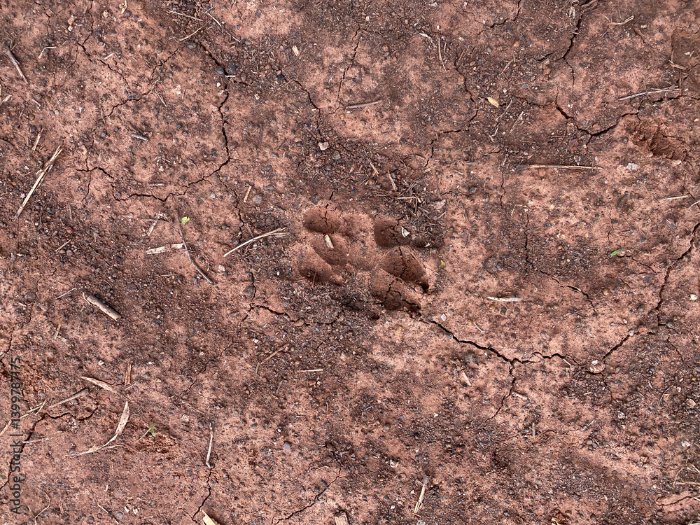 Wild animal tracks discovered in cracked soil nature trail footprint outdoor close-up