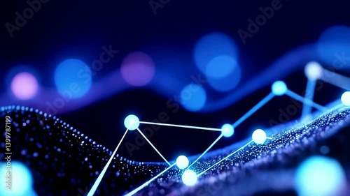 Bright blue and purple abstract background with glowing lines and glowing particles at night