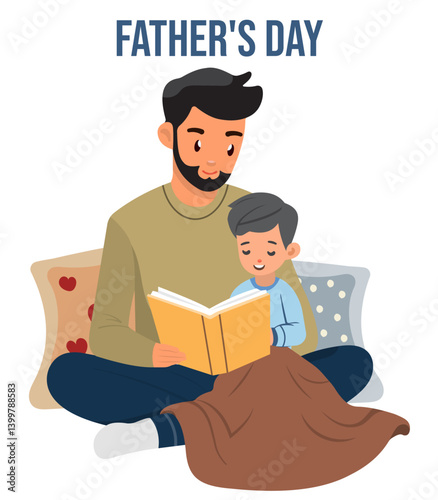 Father's Day concept with a cartoon illustration of Dad reading a bedtime story to his son. Vector illustration eps10
