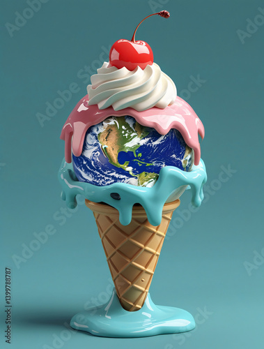 Melting Earth in a waffle cone with cherry and cream, surreal pastel 3D concept art symbolizing climate crisis and global warming, isolated on teal background for stock illustration use