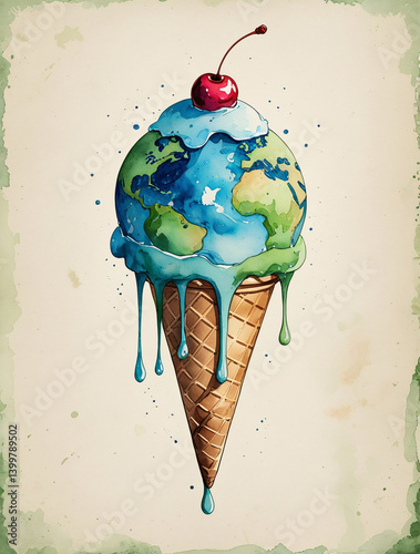 Vintage watercolor illustration of Earth melting like ice cream, dripping blue and green on cone, cherry accent, climate crisis metaphor in soft traditional art style, eco-conscious design