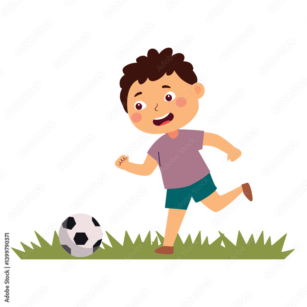 Vector Illustration of a Boy Playing Soccer on Grass Vector Illustration of a Boy Playing Soccer on Grass
