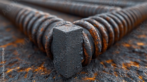 Close-up of rusty, dark gray helical metal rods