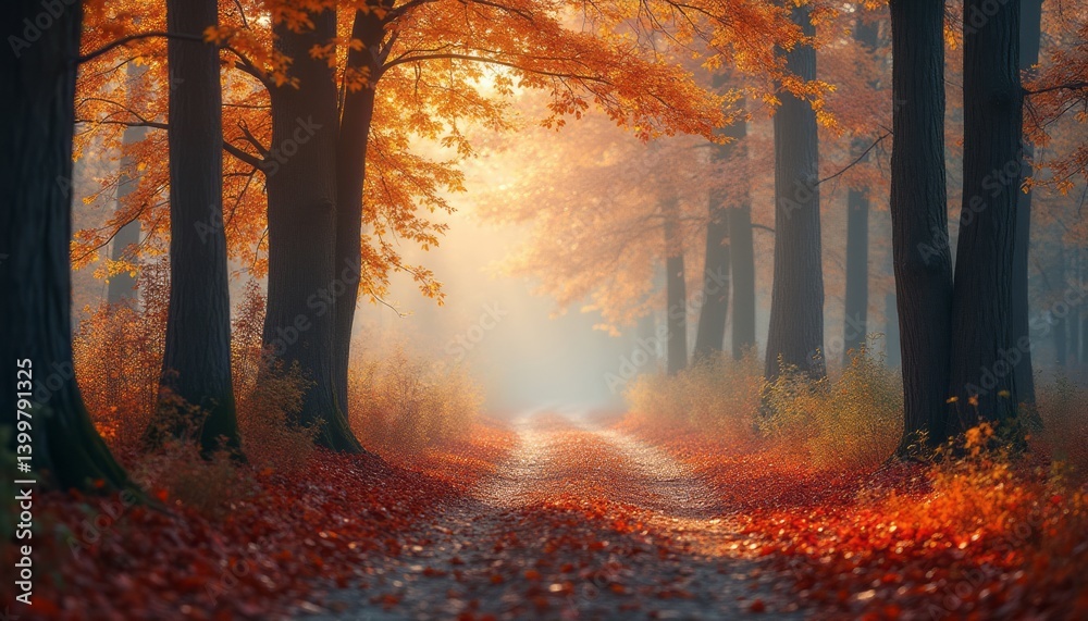 Fototapeta premium A serene forest path, lined with majestic trees adorned in vibrant autumn foliage, invites you into a tranquil world. The soft glow of sunlight filtering through the leaves creates a magical
