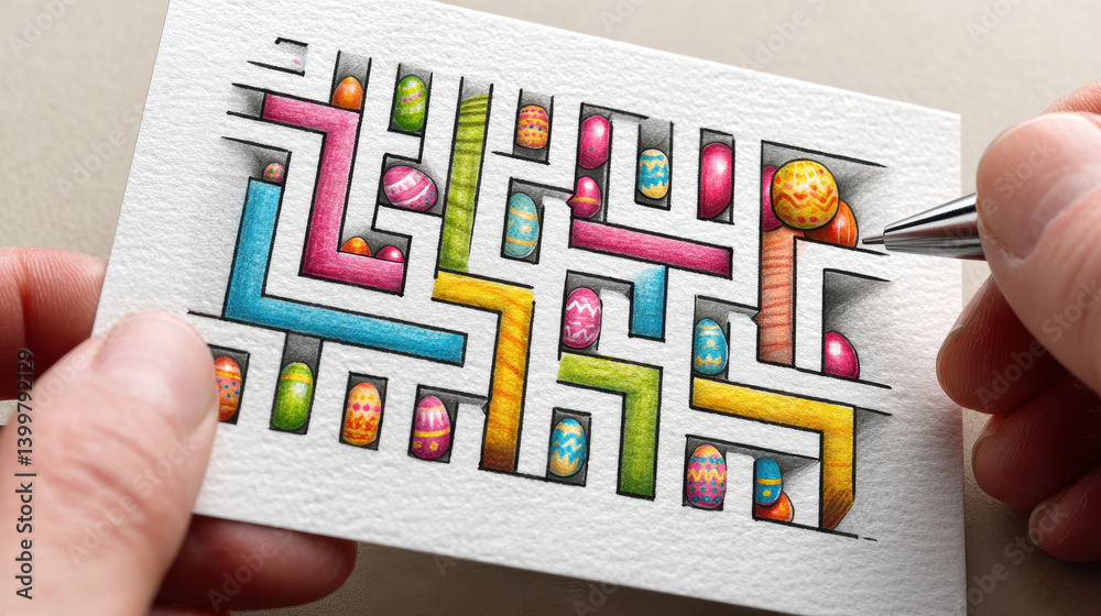 Hand-drawn Easter maze puzzle with colorful eggs in a vibrant design