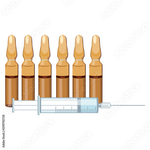 glass ampoules for injection and syringe. Vector illustration isolated on white background