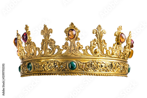Intricate golden crown decorated with precious gemstones and fine details On PNG Background