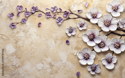 Wallpaper Mural Delicate floral art piece.  Detailed, 3D blossoms in muted colors adorn a textured backdrop Torontodigital.ca