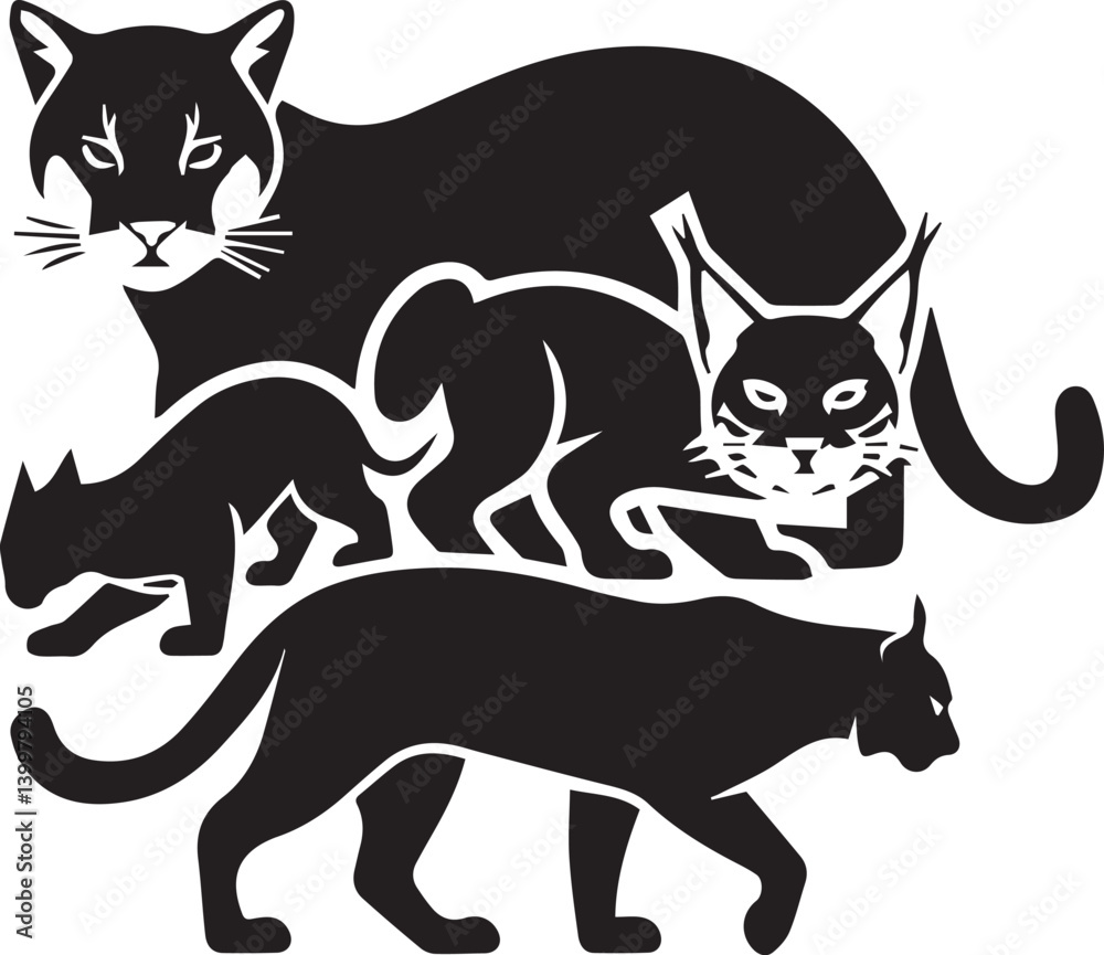 Naklejka premium A vector silhouette logo set on a white background. There are various predatory wild cats, including a cougar with a fierce expression, a lynx with tufted ears, a bobcat with sharp features