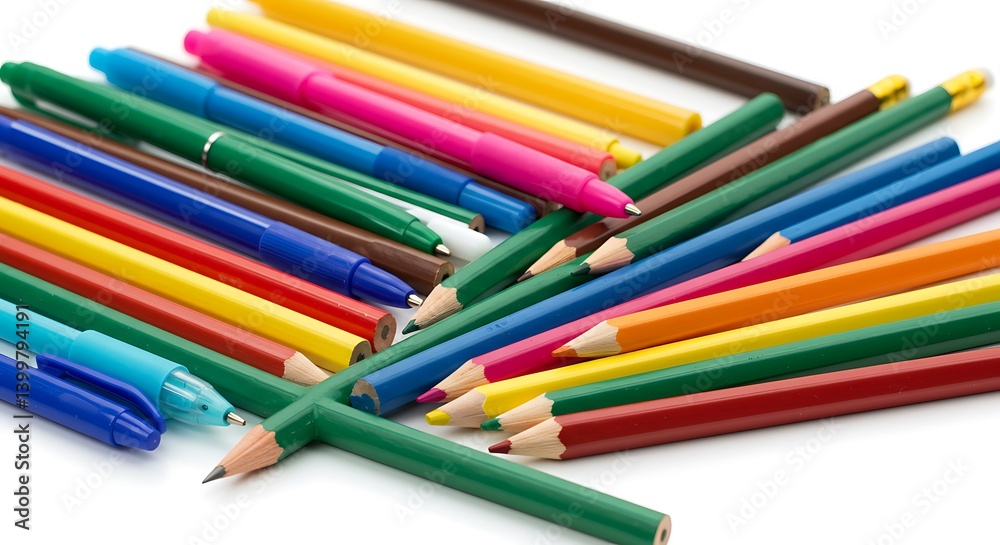 Colorful Pens and Pencils Scattered on a White Surface AI Generated Colorful Pens and Pencils Scattered on a White Surface AI Generated
