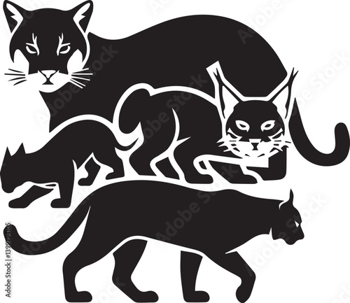 A vector silhouette logo set on a white background. There are various predatory wild cats, including a cougar with a fierce expression, a lynx with tufted ears, a bobcat with sharp features