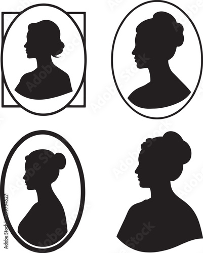 Elegant female cameo set in vector silhouette style, featuring vintage portrait profiles, ornate frames, and classic Victorian-inspired design elements.