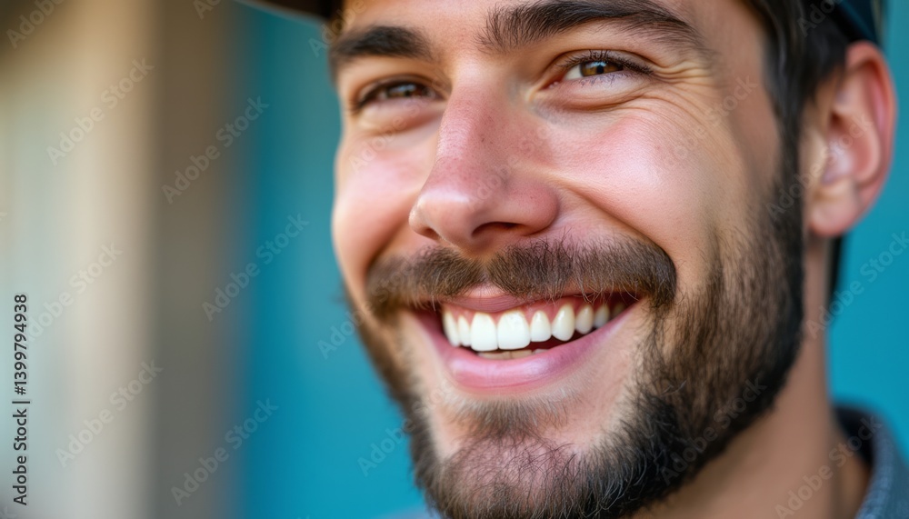 Fototapeta premium A joyful young man beams with a radiant smile, showcasing his well-groomed beard against a vibrant blue background. His infectious happiness and warm expression create an inviting atmosphere, perfect