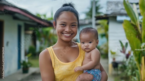 Happy young Thai mother holding her baby in front yard of home