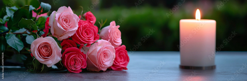 Beautiful pink and red roses arranged elegantly beside lit candle, creating romantic and serene atmosphere. soft glow of candlelight enhances charm of flowers, perfect for special occasions Beautiful pink and red roses arranged elegantly beside lit candle, creating romantic and serene atmosphere. soft glow of candlelight enhances charm of flowers, perfect for special occasions