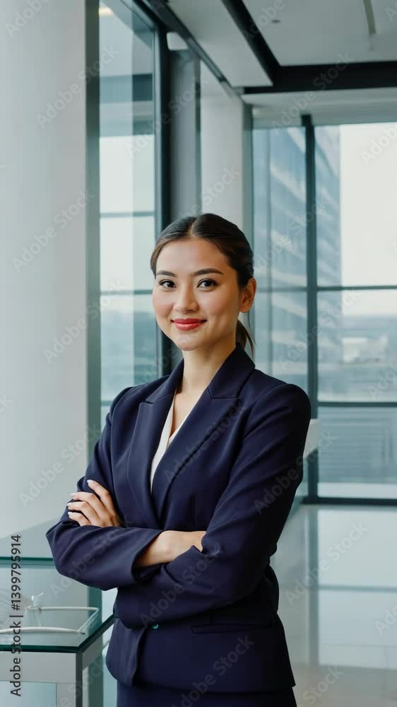 Confident business professional with arms crossed stands smiling near office windows with high-rise buildings, dressed in a modern navy suit. Confident business professional with arms crossed stands smiling near office windows with high-rise buildings, dressed in a modern navy suit.