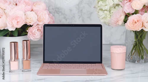 Rose gold laptop sits elegantly amidst soft pink flowers calm aesthetic. AI Generated
