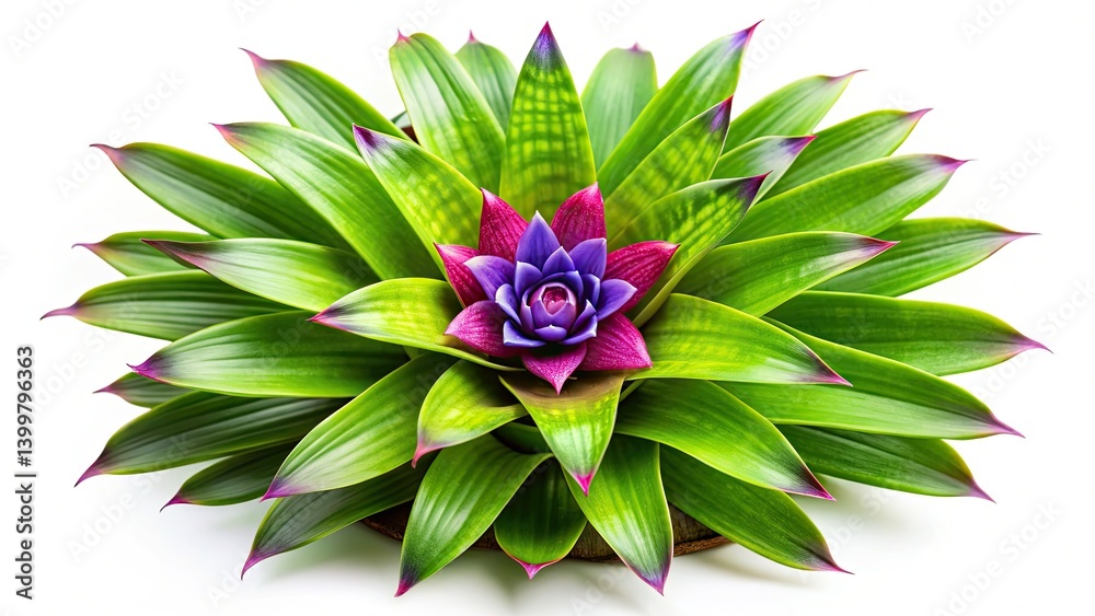 Fototapeta premium Vintage Bromeliad Photo: Green Rosette, Tiny Purple Flowers - Retro Botanical Print