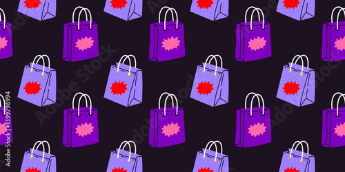 Colorful shopping bags with sale tags in a vibrant patterned design