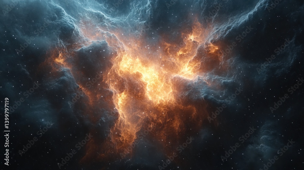 Cosmic explosion, fire, nebula clouds, stars, space background Cosmic explosion, fire, nebula clouds, stars, space background