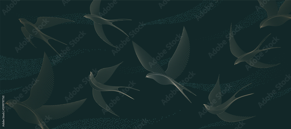 Obraz premium Elegant abstract line art on green background. Luxury hand drawn with gold line crane bird. Shining lines design for wallpaper, banner, prints, covers, wall art, home decor.