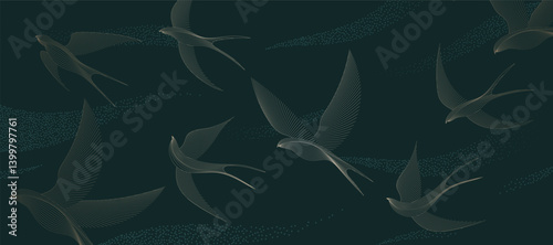 Elegant abstract line art on green background. Luxury hand drawn with gold line crane bird. Shining lines design for wallpaper, banner, prints, covers, wall art, home decor.