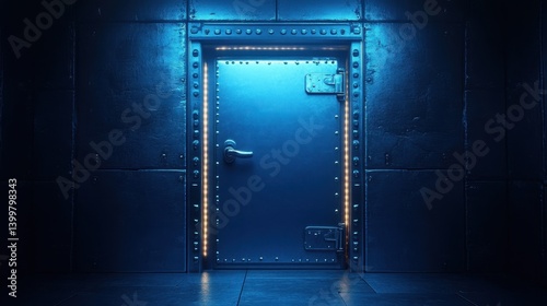 Mysterious blue metal door with intricate lighting in dark room