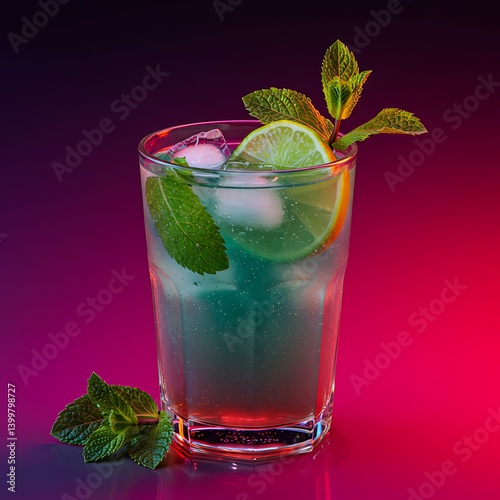 A vibrant, icy mojito cocktail, refreshing and cool, garnished with fresh mint and lime, bathed in neon pink and purple light.