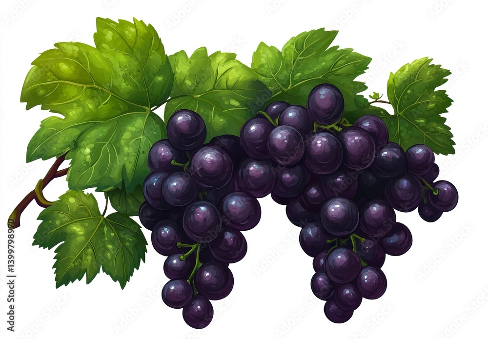 Fototapeta premium Black grapes, bunch of grapes with green leaves, isolated on white background. With clipping path. Full depth of field. Focus stacking. Stock photo with 2/3 space for text. Realistic photo, 