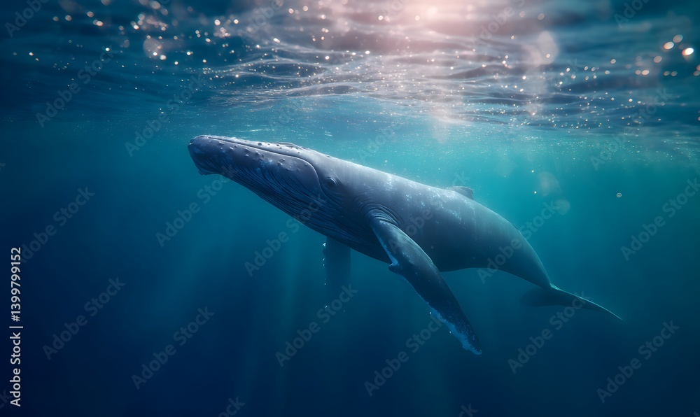 Obraz premium A huge blue whale swims close to the camera, Generative AI