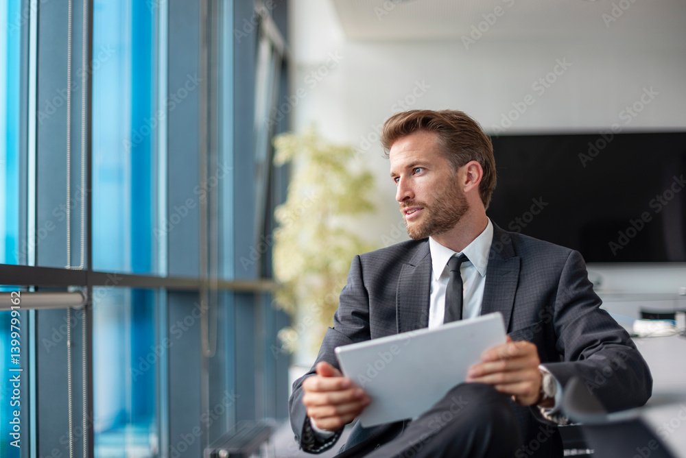 Businessman in a modern office holding a tablet and looking away Businessman in a modern office holding a tablet and looking away