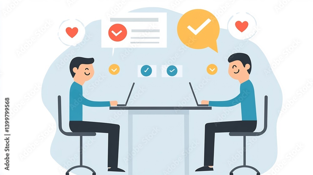 Fototapeta premium Happy colleagues collaborate digitally using laptops bright cheerful illustration. AI Generated