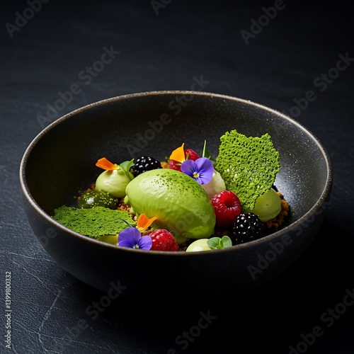 A vibrant matcha ice cream dessert adorned with fresh berries, delicate flowers, and crispy matcha crumble, nestled in a dark bowl against a deep black background.