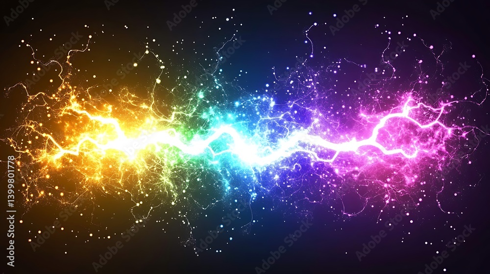 Fototapeta premium Colorful lightning bolts create a vibrant energy display against a dark background, symbolizing power