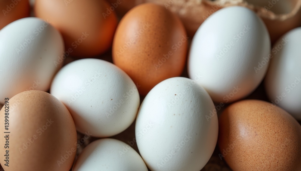 A delightful assortment of fresh eggs in varying shades of brown and white nestles together in a rustic setting. This image captures the essence of farm-fresh goodness, evoking feelings of warmth and A delightful assortment of fresh eggs in varying shades of brown and white nestles together in a rustic setting. This image captures the essence of farm-fresh goodness, evoking feelings of warmth and