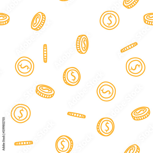 Seamless pattern of coin with dollar signs, ideal for financial or business backgrounds.
