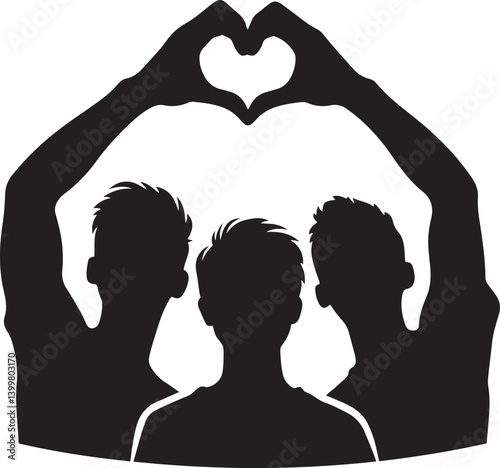 Boys making heart shaped hands in clean black Silhouette Vector Illustration flat style