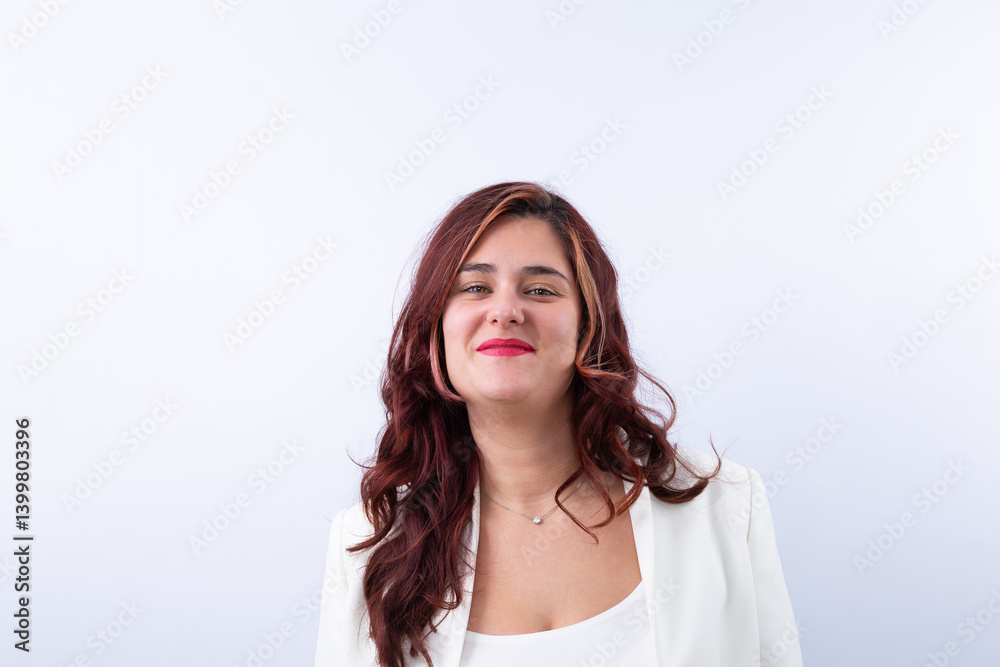 30-year-old woman with long reddish hair, red lips, white suit and diamond necklace, smiling happily at the camera. Copy space. Concept of woman, joy, confidence, and empowerment 30-year-old woman with long reddish hair, red lips, white suit and diamond necklace, smiling happily at the camera. Copy space. Concept of woman, joy, confidence, and empowerment