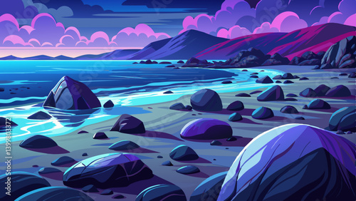 Rocky Beach landscape with large slate boulders scattered across a tide washed shoreline, The wet rocks glisten in deep black, navy, and dark purple tones