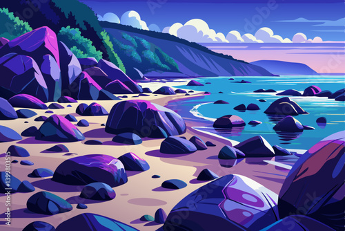 Rocky Beach landscape with large slate boulders scattered across a tide washed shoreline, The wet rocks glisten in deep black, navy, and dark purple tones