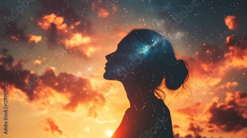 Silhouette of young female against cosmic sunset sky