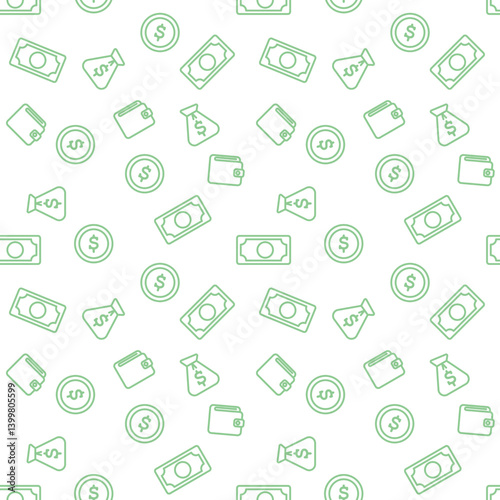 Business and finance seamless pattern with flat vector green line icons of coins, dollar bill,wallet, money bag. For cover, wrapping pape